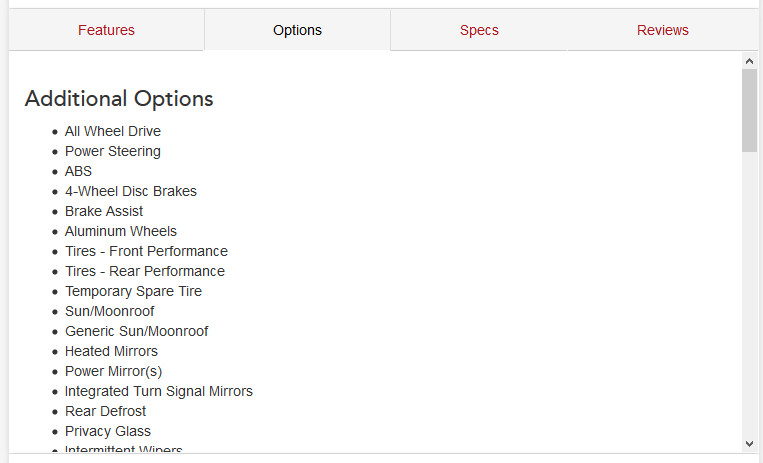Options Tab formatted as one column