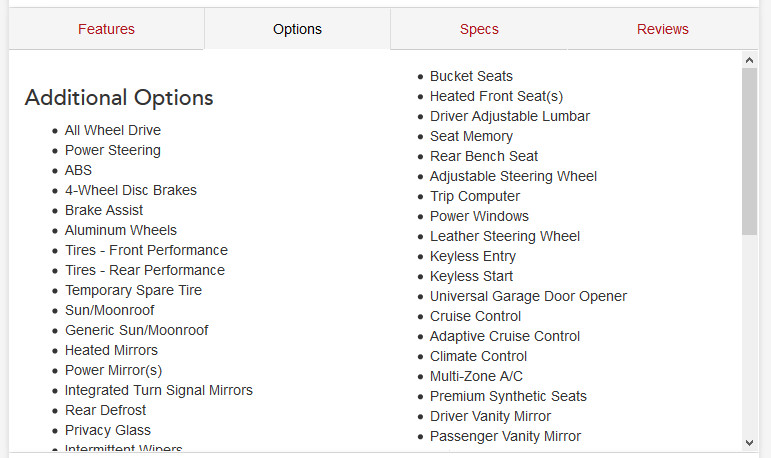 Options Tab formatted with two columns
